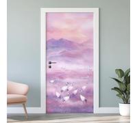 3D Papier Peint Porte Trompe L'Oeil Effect Oiseaux Chinois Affiche Montagne Sticker de Porte Poster, Auto-adhésif Imperméable Aquarelle Autocollant Mural 88x200 cm S3g41