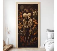 3D Papier Peint Porte Trompe L'Oeil Effect Squelette Affiche Crâne Halloween Sticker de Porte Poster, Auto-adhésif Imperméable Fleurs Tête de Mort Autocollant Mural 95x215 cm L5a84