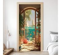 3D Papier Peint Porte Trompe L'Oeil Effect Vue sur la Mer la Fenêtre Affiche Feuilles de Palmier Sticker de Porte Poster, Auto-adhésif Imperméable Poisson Mer Autocollant Mural 88x200 cm O5l177