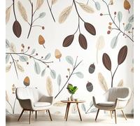 3D Papier Peint Rameau D'Olivier Et Glands Papier Peint Panoramique Plantes Et Fleurs À Dessiner Tapisserie Revêtement Mural Pour Salon Chambre Chambre D'Enfant, 300x210cm, Brun