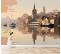 3D Papier Peint Rétro Architecture Urbaine Petit Bateau Reflets Sur L'Eau | Texture Soyeuse Haut de Gamme Adaptée au Bureau à la Salle Manger au Coin Canapé Chambre Salon et Mur Derrière TV-400cm×280cm