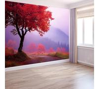 3D Papier Peint Rêve Forêt Automne Brumeuse Papier peint panoramique Rouge clair - Pour Salon Chambre Chambre D'Enfant Décoration Murale Poster 300 x 210 CM
