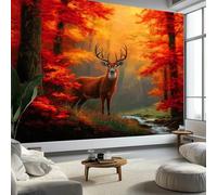 3D Papier Peint Ruisseau Animaux Cerf, Peinture Murale Intissé Photo Forêt d'Automne Mural Poster Salon Chambre Mur de fond Chambre des Enfants Bureau Décoration de Maison, 200 x 140 cm (L x H)