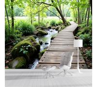 3D Papier Peint Ruisseau De La Forêt, 250x175cm Papier Peint Panoramique Promenade Tapisserie Pour Salon Chambre Chambre D'Enfant Décoration Murale, Vert