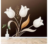 3D Papier Peint Simple Belle Tulipe Blanche Feuilles Dorées Fond Marron | Tissu en Soie Véritable à la Texture Raffinée Adapté au Salon Chambre Bureau Salle Manger et Mur Derrière le TV-400cm×280cm