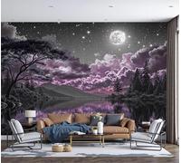 3D Papier Peint Soie Lacs, Forêts De Pins, Ciel Étoilé 350x250cm Tapisserie Panoramique Vue Nocturne De Rêve Tableaux Muraux Décoration Murale pour Salon Chambre Chambre D'Enfant, Rose Violet