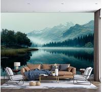 3D Papier Peint Soie Montagnes Enneigées Lacs Forêts Conifères 300x210cm Tapisserie Panoramique Paysage Montagne Brumeux Tableaux Muraux Décoration Murale pour Salon Chambre Chambre D'Enfant, Bleu
