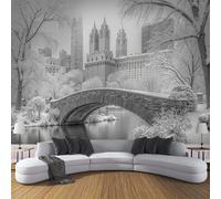 3D Papier Peint Soie Pont De Central Park, 350x250cm Tapisserie Panoramique Architecture De La Ville D'Hiver XXL Tableaux Muraux Décoration Murale pour Salon Chambre Chambre D'Enfant, Gris Clair