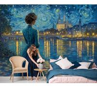 3D Papier Peint Soie Portrait Scène Nocturne Au Bord Rivière 350x250cm Tapisserie Panoramique Peinture À L'Huile Nuit Étoilée Tableaux Muraux Décoration Murale pour Salon Chambre Chambre D'Enfant,
