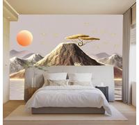 3D Papier Peint Sommets Dorés Coucher De Soleil Lac Cheval Blanc Oiseaux | Soie Texturée Haut de Gamme Idéale Pour le Bureau la Salle à Manger Salon Chambre Canapé et Décoration Murale-150cm×105cm