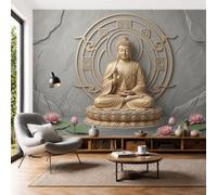 3D Papier Peint Statue Bouddha Avec Siège Lotus Papier Peint Panoramique Méditation Zen XXL Tableaux Muraux Fresque Murale Soie Décoration Murale Pour Salon, Chambre, Bureau, 200x140cm, L'Or Stupide
