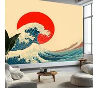 3D Papier Peint Style Japonais Vague Soleil Rouge Paysage Papier peint panoramique Beige - Pour Salon Chambre Chambre D'Enfant Décoration Murale Poster 350 x 256 CM