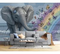 3D Papier Peint Style Onirique Conte De Fées, Éléphant Arc En Ciel Papillon Papier Peint Panoramique, Soie Murale Pour Salon Chambre Chambre D'Enfant Décoration Murale, 250x175cm, Violet Jaune
