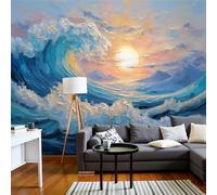 3D Papier Peint Vagues L'Océan Coucher Soleil Bleu Royal Papier Peint Panoramique Pour Salon Chambre Salon Mural Fresque Poster Xxl Paysage Peinture L'Huile Fond Décoration Murale 400X280Cm (L X H)