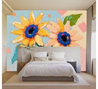 3D Papier Peint Vase Bleu Tournesols Aux Couleurs Vives Abstrait Dessiné | Soie Texturée Haut de Gamme Idéale Pour le Bureau la Salle à Manger Salon Chambre Canapé et Décoration Murale-200cm×140cm