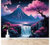3D Papier Peint Violet Paysage Féérique Sommets Cascade Cerisiers En Fleurs | Tissu en Soie Véritable à la Texture Raffinée Adapté au Salon Chambre Bureau Salle Manger et Mur Derrière le TV-150cm×105cm