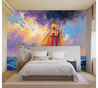 3D Papier Peint Voiliers Colorés Vagues Coucher De Soleil Ciel Paysage | Texture Soyeuse Haut de Gamme Adaptée au Bureau à la Salle Manger au Coin Canapé Chambre Salon et Mur Derrière TV-200cm×140cm
