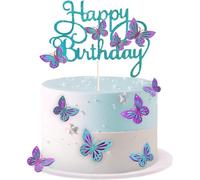 3D Papillon Decoration Gateau, Bleu Violet Cake Topper Happy Birthday Deco Cupcake de Papillon, 13 Pièces Decoration Gateau Anniversaire Fille pour Anniversaire Fête, Mariage, Fête de Thème