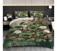 3D Parure de lit Microfibre Poisson-Lotus Chinois Housse De Couette 240x220 cm 2 Personne Vert Clair 3 Pièces Ultra Doux Parure de Lit pour Enfant Adulte avec 2 Taies d'Oreillers 65x65 cm
