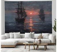 3D peintures à l'huile nautiques Navires et soleil Tapisserie Murales Tissu Pour Chambre Salon Facile À Stocker Nappes Tapisserie décorations murales colorées pour salon 100x150cm Orange et noir