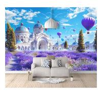 3D Photo Self-adhesive Wallpaper Mural Poster Wall Art Sticker Decoration Romantic purple hot air balloon castle scenery 100x70cm Pictures for Living Room Bedroom Office Corridor Dining Children
