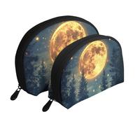 3D Pleine Lune, Étoiles et Pin Ciel Nuit Imprimé Sacs de Maquillage 2 Pièces Portable Shell Voyage Trousse de Toilette, blanc, Taille unique