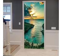3D Porte Affiche Auto-Adhésif Autocollant Papier Peint Murale Art Wall Sticker Photo Coucher De Soleil Océan Île Paysage 90 X 200 Cm (35.43" X 78.74") Pour La Déco