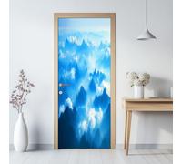 3D Porte Autocollants Auto-Adhésif Bleu Vue Aérienne Des Montagnes De Chine Créatif Papier Peint Porte Trompe L'Oeil Pour Salon Chambre Décoration De La Maison Stickers Muraux, 95 x 215 cm