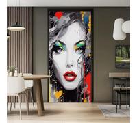 3D Porte Interieure murales, Aquarelle Mode Femmes Graffiti Autocollant de porte Auto-adhésif Imperméable à l'eau Maison Porte Chambre Décoration, 80 x 210 cm Coloré Pvc Amovible Stickers Porte