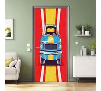 3D Porte Interieure murales, Bandes De Voiture Course American Graffiti Cartoon Autocollant Imperméable à l'eau Chambre De Garçon Salle De Jeux Décoration, Jaune Rouge 77 x 200 cm Stickers Porte