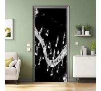 3D Porte Interieure murales, Notes De Musique Blanches Rock Industriel Moderne Autocollant de porte Imperméable à l'eau Chambre Chambre D'Enfant Décoration, Noir 88 x 200 cm Stickers Porte