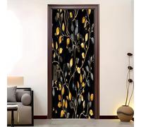 3D Porte Stickers Auto-adhésif Muraux 77x200 cm, Empreinte de Feuille de Plante PVC étanche Porte Autocollants pour Salon Chambre Bain Cuisine Décoration, Or Noir Amovible Autocollant Affiche