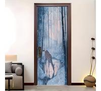 3D Porte Stickers Auto-adhésif Muraux 77x200 cm, Faon Dans La ForêT D'Hiver PVC étanche Porte Autocollants pour Salon Chambre Bain Cuisine Décoration, Blanc Cassé Amovible Autocollant Affiche