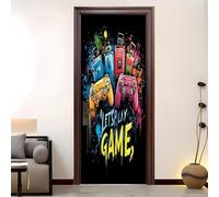 3D Porte Stickers Auto-adhésif Muraux 77x200 cm, Manette de Jeu ColoréE PVC étanche Porte Autocollants pour Salon Chambre Bain Cuisine Décoration, Noir Amovible Autocollant Affiche