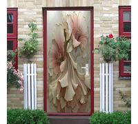 3D Porte Stickers Auto-adhésif Muraux 95x205 cm, Relief de Fleurs Et de Figures PVC étanche Porte Autocollants pour Salon Chambre Bain Cuisine Décoration, Beige Clair Amovible Autocollant Affiche