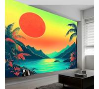 3D Poster Papier Peint Art Vintage Papier Peint Panoramique Intissé, Abstrait Montagnes Palmiers Soleil Pour Salon Chambre Chambre D'Enfant Décoration Murale 200 x 140 cm