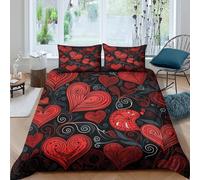 3D Print Breathable Microfiber Romantic Hearts Quilt Cover Easy Care Bedding Sets w/ Matching Pillowcase Red Artistic Design Duvet Cover Set All Season Washable Kids Teens Boys Girls Sin (140x200cm)