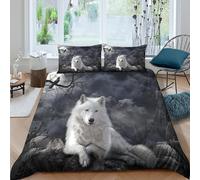 3D Print Breathable Microfiber White wolf Comforter Cover All Season Bedding Set with Pillow Cases Fantasy night scene Bed Quilt Cover Easy Care Soft Washable for Kids Boys Girls Single（135x200cm）