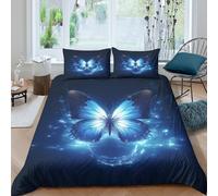 3D Print Ultrasoft Microfibre Blue Butterfly Glow Comforter Cover Skin-Friendly Bedding Sets w/Matching Pillowcase Fantasy Digital Art Quilt Cover Set All Season Washable Kids Teens Boys (140x200cm)