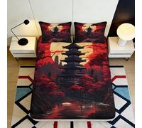 3D Printed Pagode au Soleil Couchant Drap-Housse, Microfibre, Housse de Lit