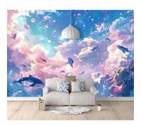 3D Self-adhesive Wallpaper Murals Fantasy watercolor dolphins in the sky 100x70cm Photo Pattern Stickers Home Room Wall Poster Decoration for Living Office Bedroom Dining Art