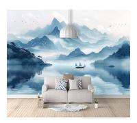 3D Self-adhesive Wallpaper Murals Oriental ink mountain boat 100x70cm Photo Wall Stickers Effect Decoration Boys Girls for Bedroom Living Room Posters