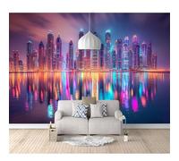 3D Self-adhesive Wallpaper Murals Reflection of colorful city buildings at night 100x70cm Photo Pattern Stickers Home Room Wall Poster Decoration for Living Office Bedroom Dining Art