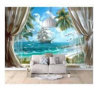 3D Self-adhesive Wallpaper Sailboat with scenery outside the beach window 100x70cm Wall Painting Bedroom Living Room Home Decoration Mural Photo Posters Art