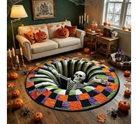 3D Skeleton Bottomless Illusion Rug | Spooky Halloween Home Decor，16" x 16" | Soft non-slip fabric indoor round decor. Perfect for living room, kitchen or bathroom. Features a spooky depth pattern.