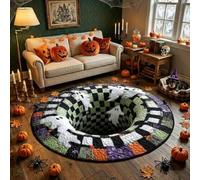 3D Skeleton Bottomless Illusion Rug | Spooky Halloween Home Decor，24" x 24" | Soft non-slip fabric indoor round decor. Perfect for living room, kitchen or bathroom. Features a spooky depth pattern.