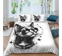 3D Skin-Friendly Microfiber Cat Sunglasses Comforter Cover Ultra Soft Bedding Set w/ Pillow Cases Black White Quilt Cover Sets All Season Easy Care Machine Washable for Teens Adults Single（140x200cm）