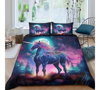 3D Skin-Friendly Microfiber Unicorn fantasy Comforter Cover Soft Bedding Set w/ Pillow Shams Magical night Style Bed Quilt Cover All Season, Easy Care, Washable Kids Teens Boys Girls King（220x240cm）