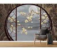 3D Soie Papier Peint Panoramique, 500 x 280 cm Papier Peint Peinture Créative de Paysage - Montagnes, Eau, Fleurs, Oiseaux, Grandes Murales XXL Poster pour Salon, Adulte Chambre d'enfants