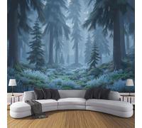 3D Soie Papier Peint Panoramique Forêt Conifères Ancienne, 200x140cm XXL Tableaux Muraux Forêt Contes Fées Profonde Tapisserie Photo Décoration Murale pour Salon, Chambre d'enfants, Étude, Bleu-Gris